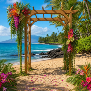 Floral-decorated arch on sandy beach