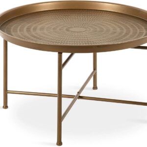 Elegant metallic round table with cross legs.