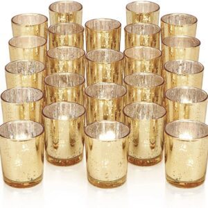 Gold votive candle holders arranged neatly