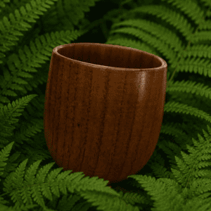 Rustic wooden cup among ferns