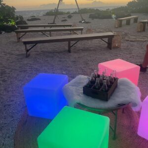 Beachside seating with illuminated cubes