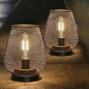 Two glowing lanterns on a dark path