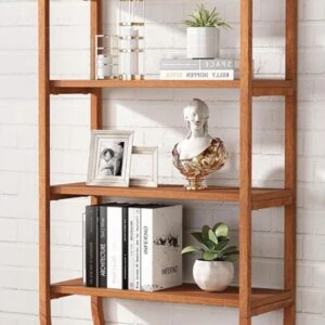 Stylish wooden bookshelf against white wall