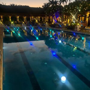 Poolside evening with glowing lights