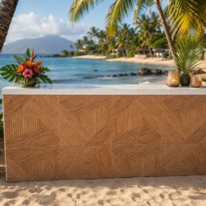 Oceanfront bar setup with palm trees