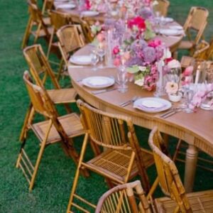 Garden party table with pink flowers