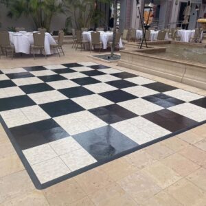 Elegant patio with checkered tiles