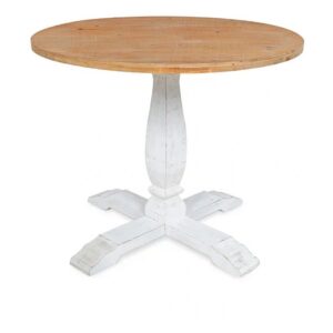 Simple round table with wooden top.