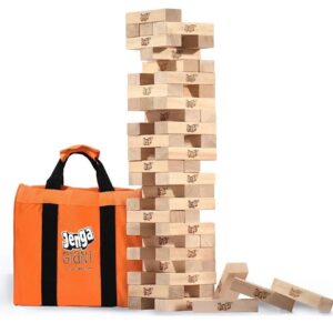 Wooden Jenga tower with orange bag