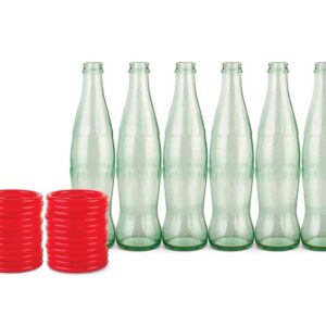 Six bottles and stacked red rings