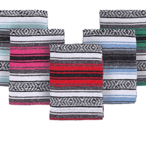 Assorted vibrant striped blankets stacked